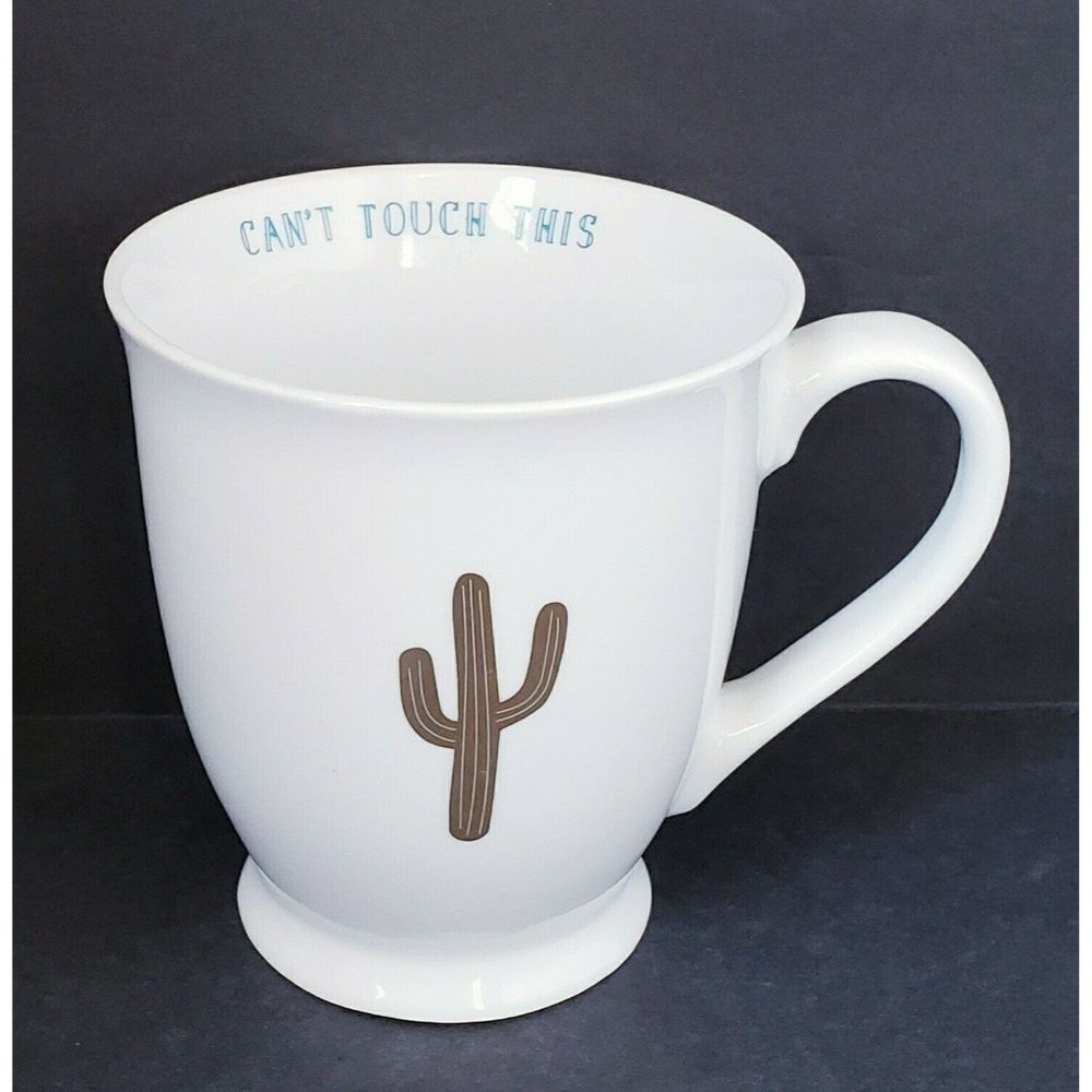 White & Gold "Can't Touch This" Cactus Coffee Mug Cup